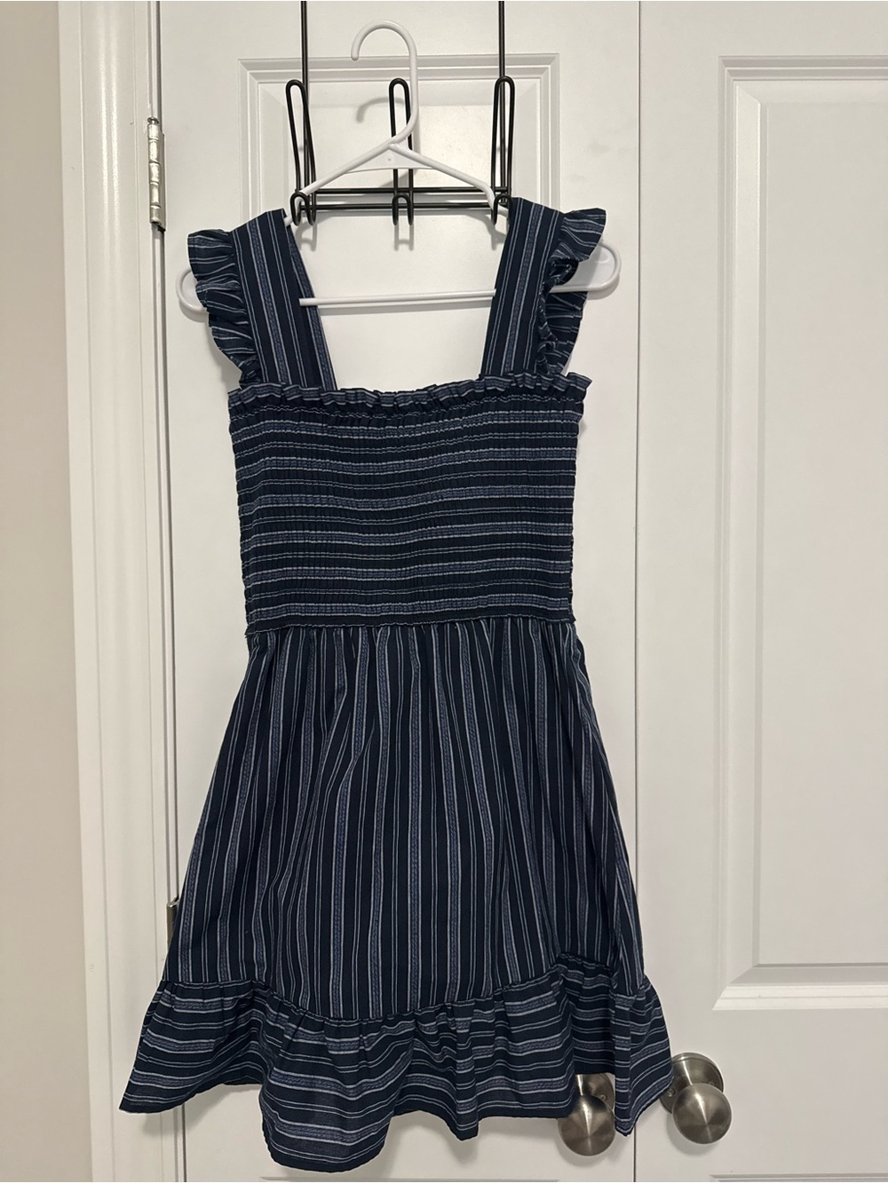 Navy Striped Smocked Ruffle Strap Casual Dress